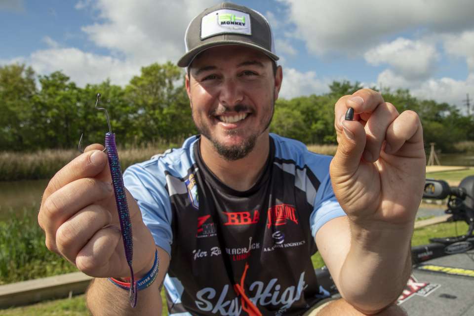 Next up is another plastic worm, this time a NetBait Big Bopper. âYou just rig it up Texas rigged, and itâs something that especially in prespawn and spawn is a great bait to use,â he said. âYou can bounce it like a worm or just reel it in.<br><br> âItâs very universal and easy to use.â<br><br> He rigs it on a 3/16-ounce tungsten weight. âI rig it a little lighter to keep it up in the water column and work a little slower when Iâm jigging it up and down,â Rivet said.