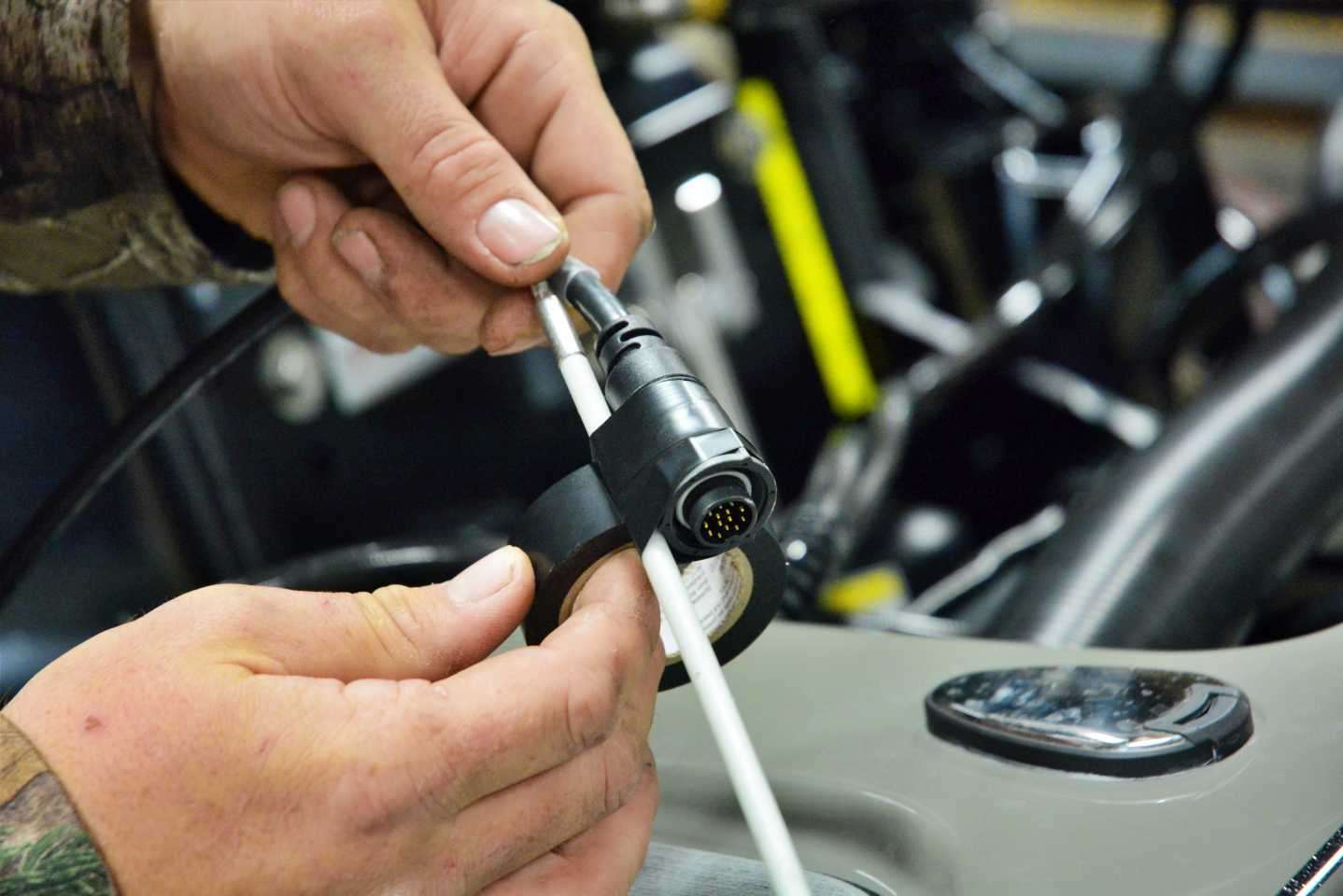 For larger plugs, Palmer prefers making separate runs for the external transducer, internal transducer, and then pulling each harness through the boat. Doing separate pulls like this â instead of all the plugs together â prevents the cables from getting stuck or coming apart during the pull. 
