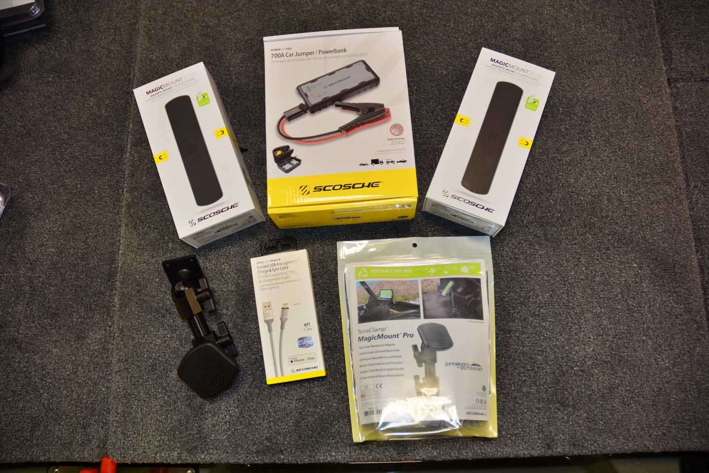 Jocumsen will install these Scosche accessories. Those are the MagicMount Pro for his smartphone, Magnetic Mount Elite Bars for small tools inside his boat and a PowerUp 700 portable jump starter. 
