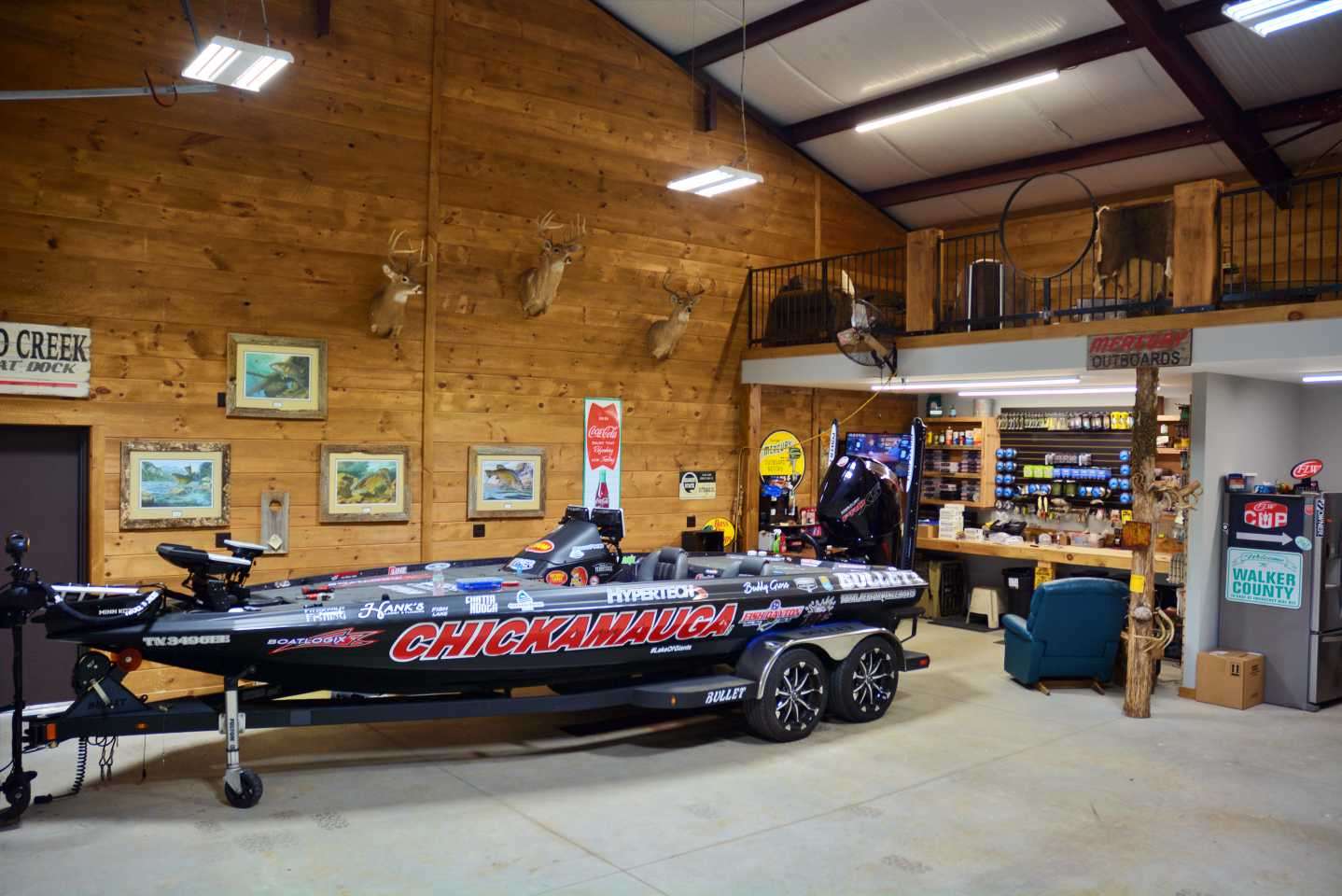Parked inside the man cave is his 2021 Bullet Boats 21XRS, spanning 21 feet, 10 inches that is powered by a 250 horsepower Mercury Pro XS outboard. Behind the rig is a work space used by Gross to store his tackle and organize it for competing on the Bassmaster Elite Series. 
