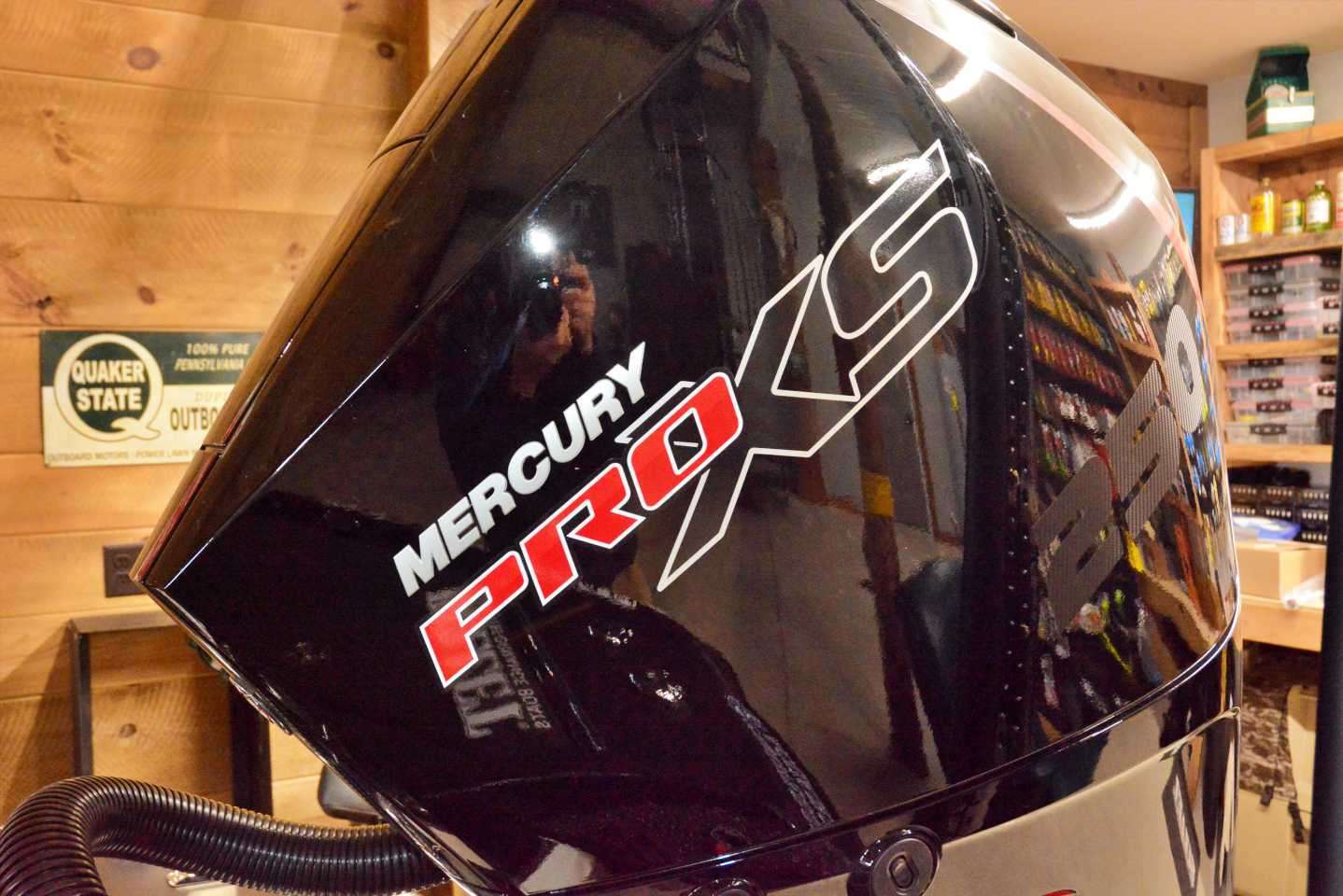 The 250 horsepower Mercury Pro XS is shiny and ready for action.  
