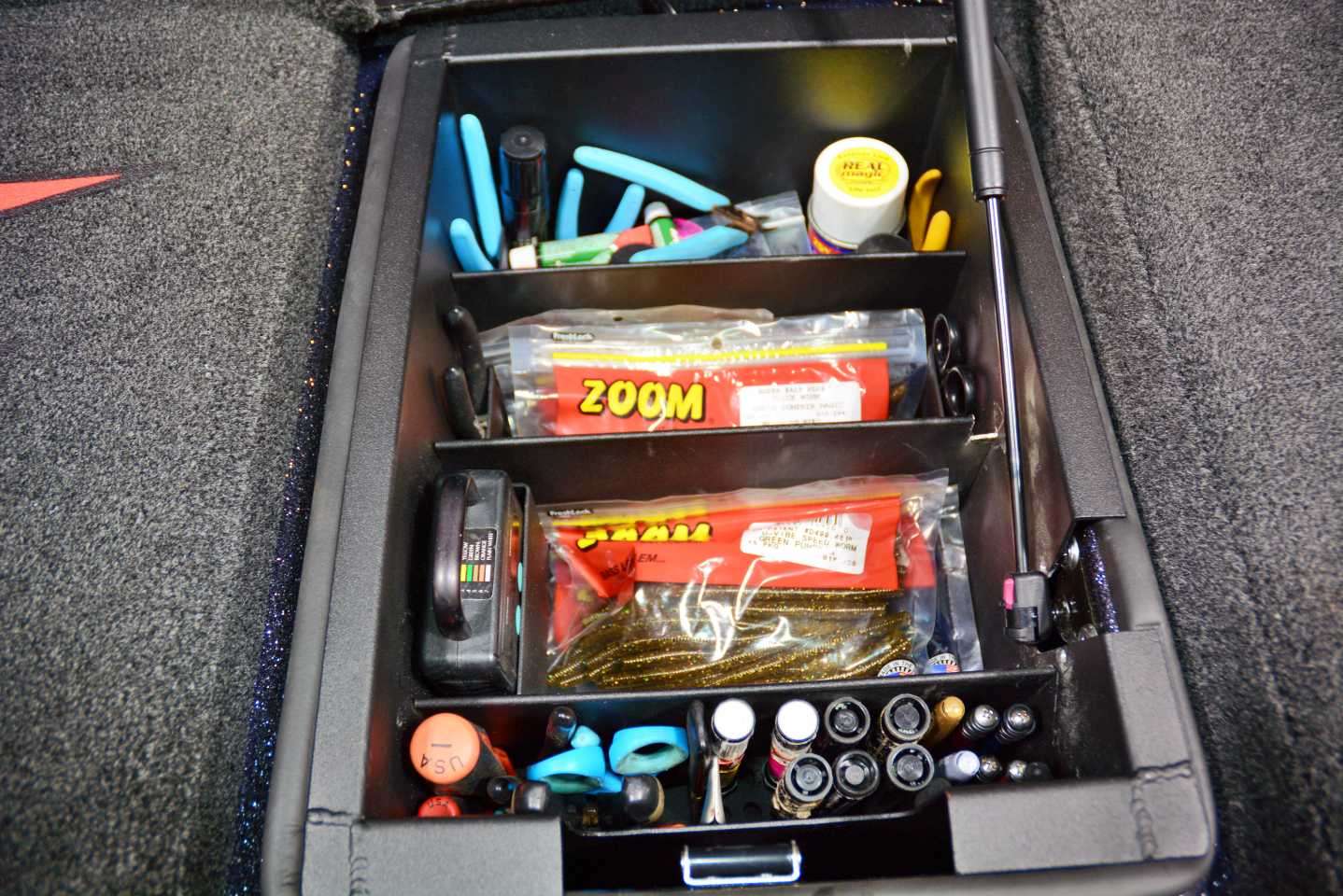 Gross calls this custom add-on his day box, where frequently used items are easily found and accessible. The box is on the starboard side, forward of the console.  