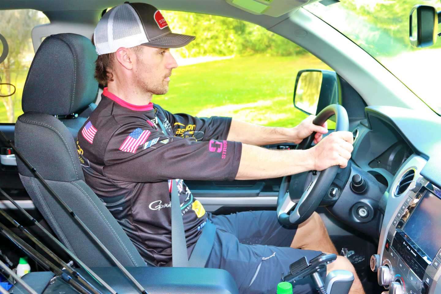 <b>Maintaining good posture.</b> Considering the amount of time Crews spends on the road, maintaining good posture behind the wheel has become one of his most diligent efforts. Rather than leaning to one side and slowly straining his lower back, Crews keeps himself perfectly centered.