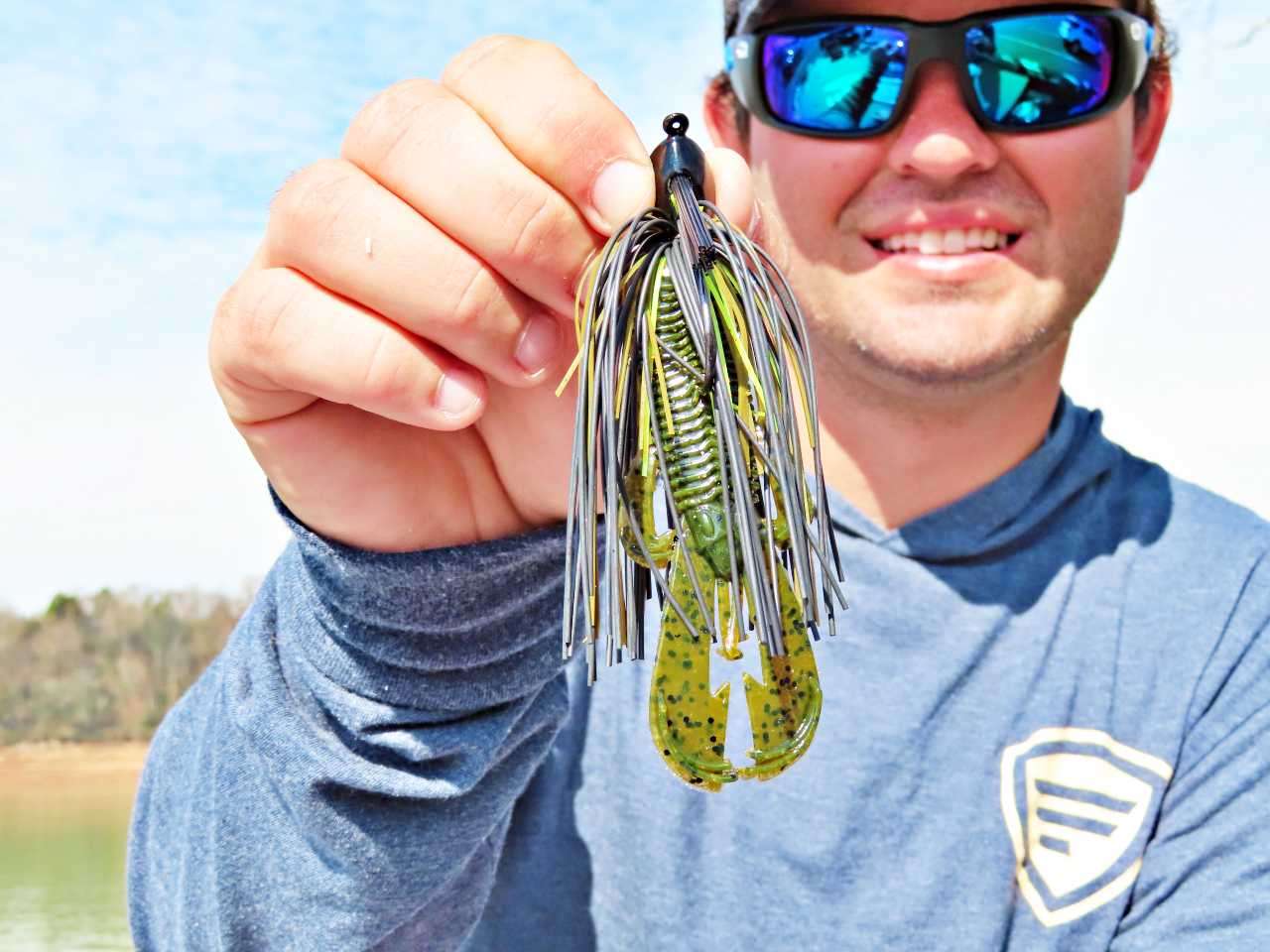 A 5/8-ounce Buckeye Lures Mop Jig, hand-tied with heavy living rubber, is his choice. Hamilton uses a Googan Squad Bandito Bug for added bulk and strike appeal. 
