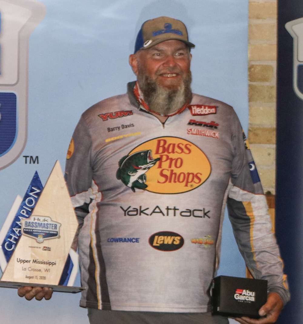 Davis caught his fish on a 1/16- or 3/16-ounce shaky head and a Victory Tackleworks Clutch Craw in watermelon green. 
<br><br>
Joey Vanyo of Lakeville, Minn., placed second with 87 inches and a bigger bass than third-place finisher Brady Storr of Gibbon, Neb., who also totaled 87 inches. Vanyo focused on current breaks and sunken islands with a Storm Arashi squarebill, a 3/8-ounce Warbird spinnerbait and a Carolina-rigged black/blue Zoom Brush Hog. Storr fished a leopard color Spro popping frog over mats. 
<br><br>
The tournament was hosted by Explore La Crosse.
