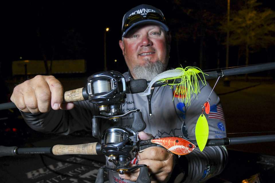 Gross also used a Nichols Spinnerbait with tandem willowleaf and Colorado blades, with a Zoom Z Swim Trailer. He also used a 1-ounce Xcalibur XR100 lipless crankbait. 

