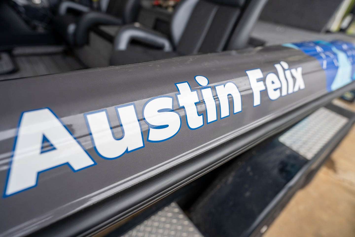 Like any Elite pro, Austin's name is on his boat. 