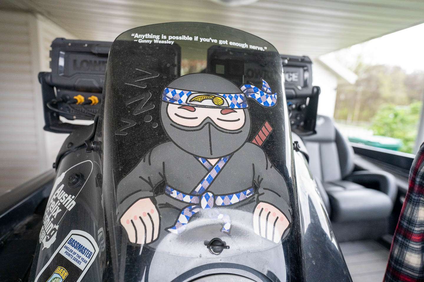 Unlike any other Elite pro, a cartoon drawing of a Sleepy Assassin sits on his windshield. Dave Mercer gave Austin this nickname, and the only thing to do at that point is lean into it because once you receive a Mercer nickname, it isn't going away. Timothy Harmon, a local aspiring artist, drew him this picture, and he put it on his boat and truck. 