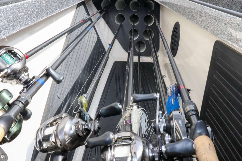 On to the rod locker. Welcher had just got done fishing a local tournament where he was only carrying a few rods. Typically he carries anywhere from 25 to 30 rods in his boat during Elite Series events. 