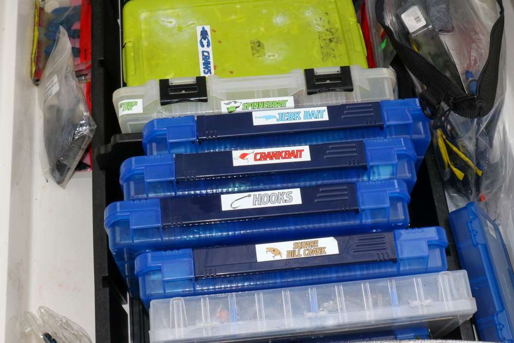 Welcher's center storage compartment is typically full of boxes during official practice for an event, but by the time the tournament starts he narrows it down to what he knows he's going to fish with. 