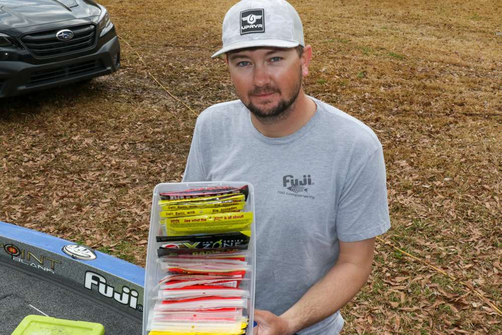 All of Welcher's soft plastics are stored in $1 boxes that he buys from Dollar General.