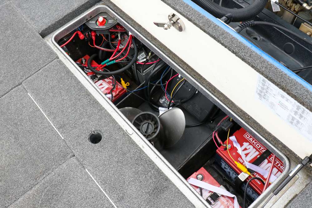 Welcher's back compartment is home to a size 31 AGM Interstate battery and three Dakota Lithium batteries. A Power-Pole Charge Power Station helps to keep everything charged. 