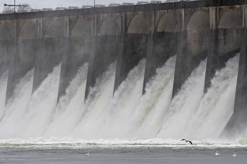Torrential rains forced the TVA to throw open the floodgates of the Wilson Dam. By 4 a.m., almost 160,000 cubic feet per second, and that increased to more than 167,000 cfs by 11 a.m. Projections are that by tomorrow more than 195,000 cfs will be dumping into Pickwick Lake, and that climbs to more than 208,000 cfs by Saturday.