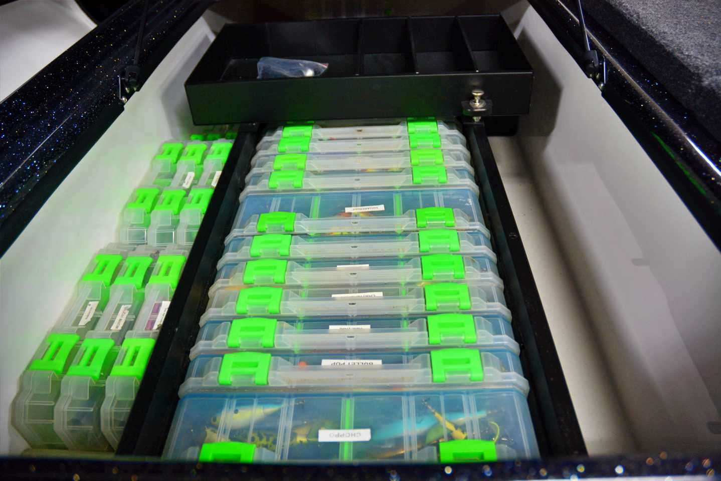 Like most Elite Series pros, Atkins organizes his lures by category and stores those in utility boxes that stack inside the cavernous center storage.  