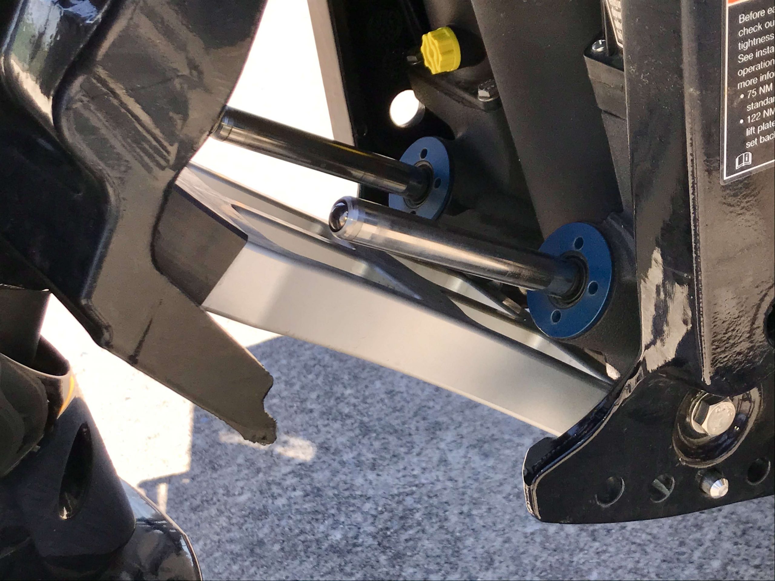 <b>Transom saver.</b> Traveling the country, often over bumpy roads, Johnston finds that his GeigerTec Marine Transom Saver helps prevent damage with a lightweight, stainless steel frame thatâs easy to install and remove.
