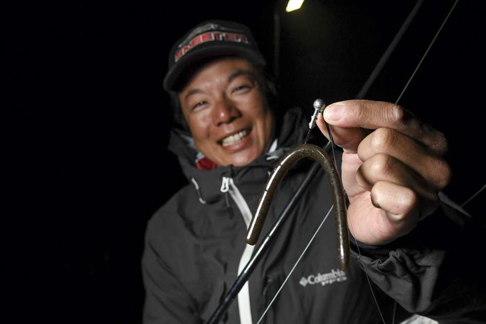 He made the wacky rig with a 5-inch Boreas Ano Straight Worm, rigged on a 3/16-ounce weedless jighead.  