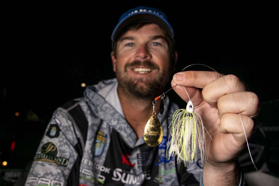 Another choice for Cook was a 3/8-ounce Nichols Pulsator Spinnerbait in which he replaced the stock front willowleaf blade with a Colorado blade, making the lure ride higher in the water column. A Big Bite Baits Fat Grub was added for strike appeal. 
