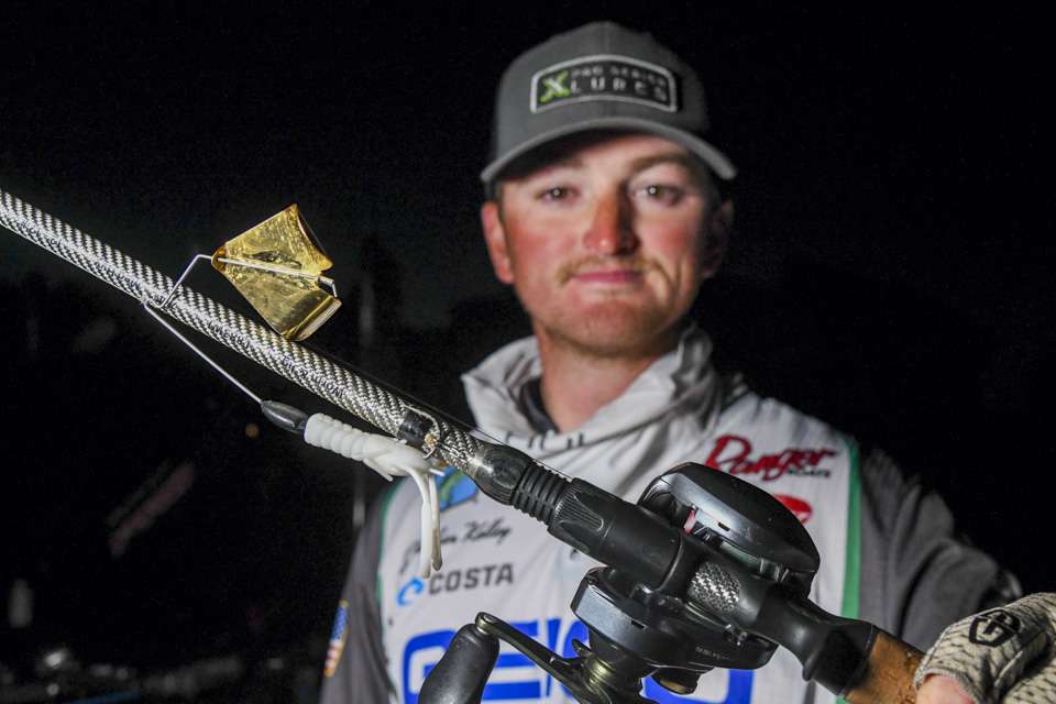 Kelley depended heavily on a 3/8-ounce War Eagle buzzbait with a gold blade. He removed the skirt and replaced it with a white X Zone Muscle Back Craw.
