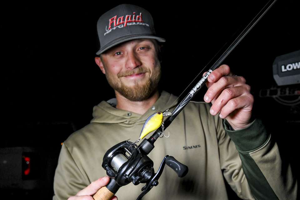 When bass wanted a moving bait, he switched to a Lucky Craft LC 1.5 square bill crankbait (T.O. Gill) with #5 Gamakatsu G Finesse treble hooks. 