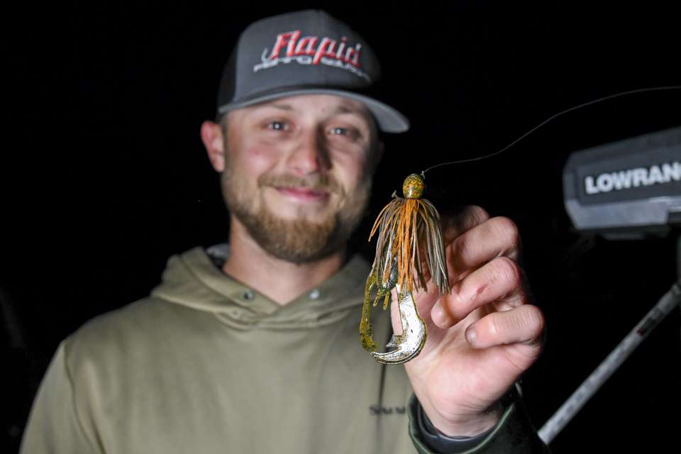 And he kept them honest with a Missile Baits Ikeâs 1/2ounce Mini Flip jig (summer craw) with a Strike King Rage Craw trailer, green pumpkin with the claws dyed orange. 