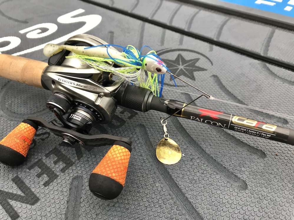 <b>Falcon Rods.</b> Christie throws his spinnerbaits on a 6-10 MH Falcon Cara Head Turner rod with a Lewâs Hyper Mag reel carrying 22-pound Sunline Shooter fluorocarbon.
