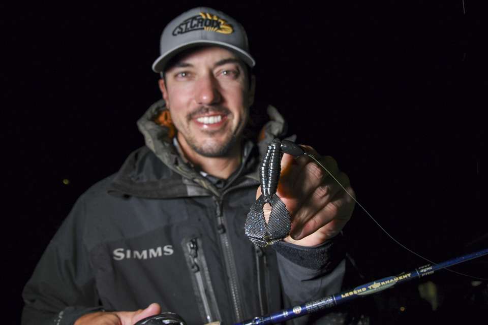 A Reaction Innovations Spicy Beaver, rigged on a 4/0 VMC Ike Approved Heavy Duty Flippin Hook, with a 1-ounce weight, was a top lure rig for Downey. He also used a 3/8-ounce version of the same rig in sparse grass.  