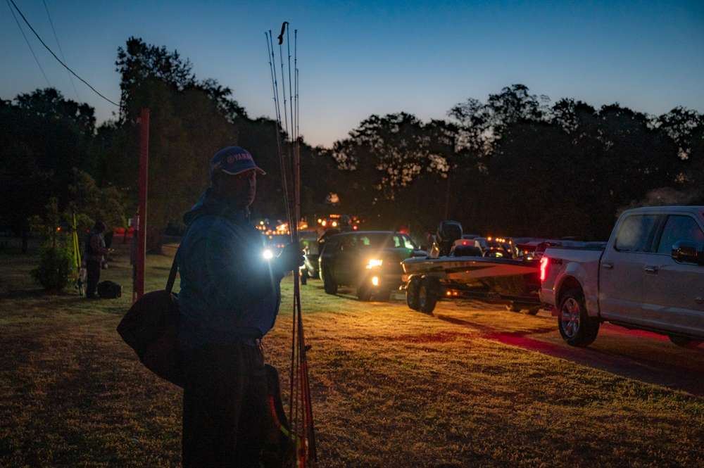 It's the second day of the Basspro.com Bassmaster Open at James River, and anglers leave the dock for another day of fishing. 