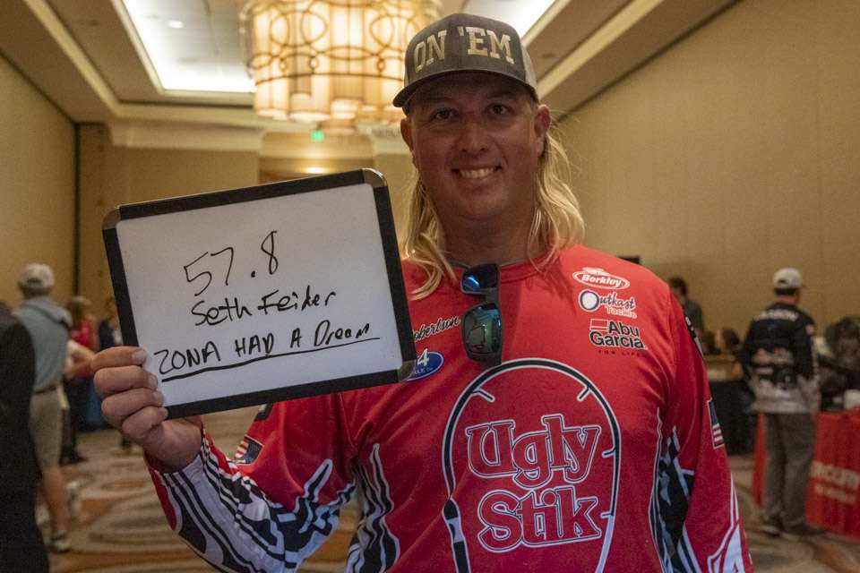 Bassmaster Opens qualifier Matt Robertson guessed 57 1/2 pounds for the winning weight. He said he chose current Bassmaster Angler of the Year leader Seth Feider as the winner because âZona said he had a dream Seth would win.â