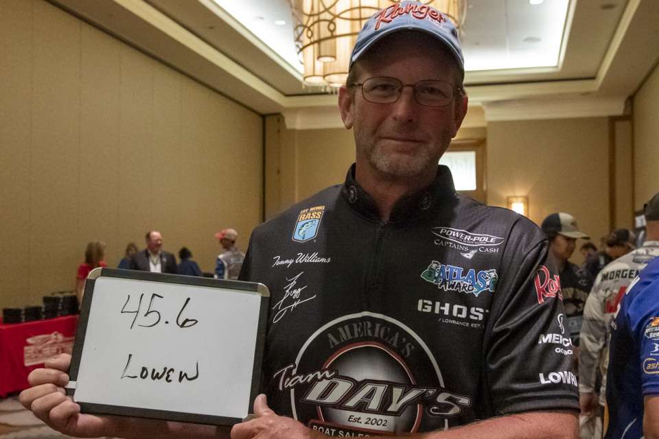 Bassmaster Opens qualifier Tommy Williamson guessed the lowest wining weight at 45 1/2 pounds. Bill Lowen is his pick to win.