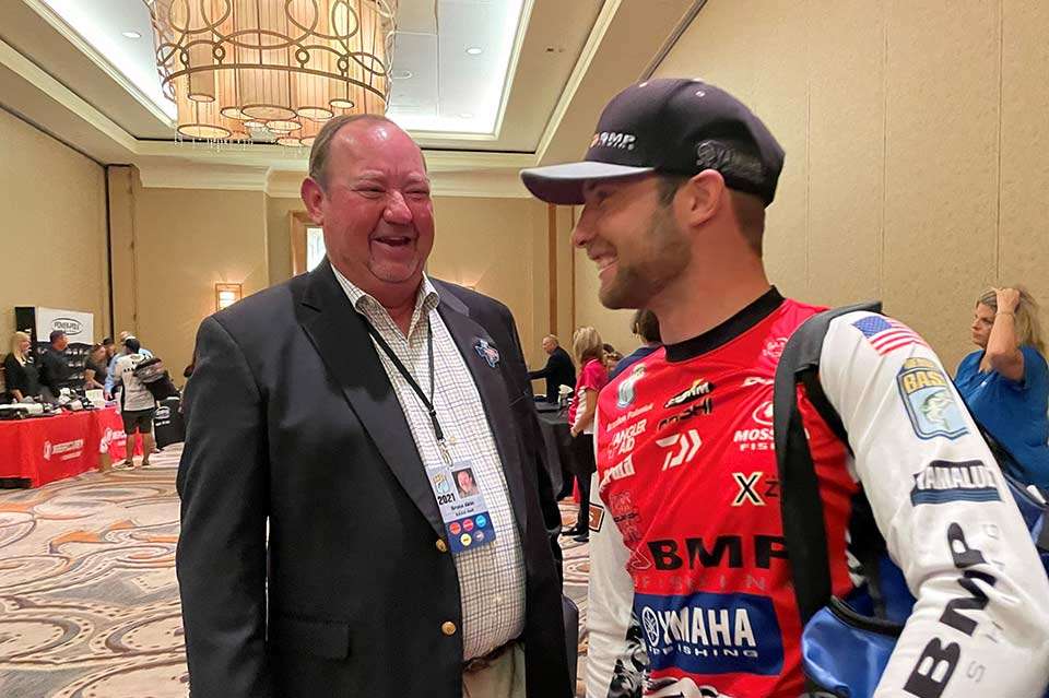 As with all Classics, this 51st edition was a celebration of the sport. The Classic puts extra emphasis on the tagline, Big Bass. Big Stage. Big Dreams. The week is a time to meet with old friends and make new ones. Here, B.A.S.S. CEO Bruce Akin shares a laugh with Brandon Palaniuk, among the tournament favorites. Akin joked that Palaniuk, his top pick to win, better not mess up his Rapala Bassmaster Fantasy Fishing lead in the Bassmaster employees group.