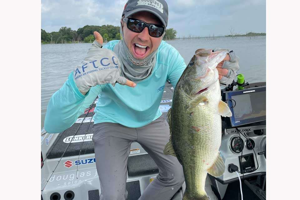 Chad Pipkens was the beneficiary of this big bite, which weighed 6 pounds, 5 ounces and helped him to 12-5 on Day 1 to stand 31st. Shy one bass of a five-fish limit, Pipkens said he lost another 6-pounder, which would have put him fourth. But if not for this big one Pipkens would have been in the bottom 10.