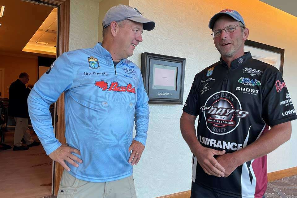 Steve Kennedy (left), fishing his 10th Classic that includes a runner-up finish in 2017, visits with first-time qualifier Tommy Williams, who won an Open to make the big dance. They caught up, revisiting tournaments past, and discussed their outlook for Ray Roberts.  