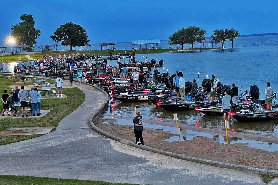 The anglers line up one to 54 for the final practice launch, a rehearsal of sorts and the only time this reporter would see boats on the water. Clark Wendlandt and Hank Cherry held the first two spots as defending Angler of the Year and reigning Classic champ, respectively, and the rest of the order was a blind draw.