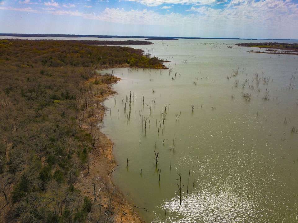 Standing timber is prolific in Indian Creek, as it is elsewhere in the upper reaches of the lake. There is about 2,000 acres of standing timber in the lake, according to the Texas Parks and Wildlife Department.