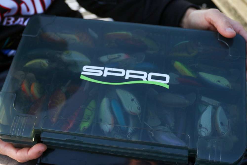 Crews uses Spro and Gamakatsu boxes to store his hard baits. 