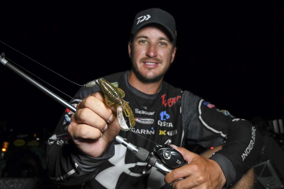 He used a Strike King Rage Bug, rigged on a 4/0 Gamakatsu Super Heavy Cover Hook, with a 1/2-ounce WOO! Tungsten Weight. 