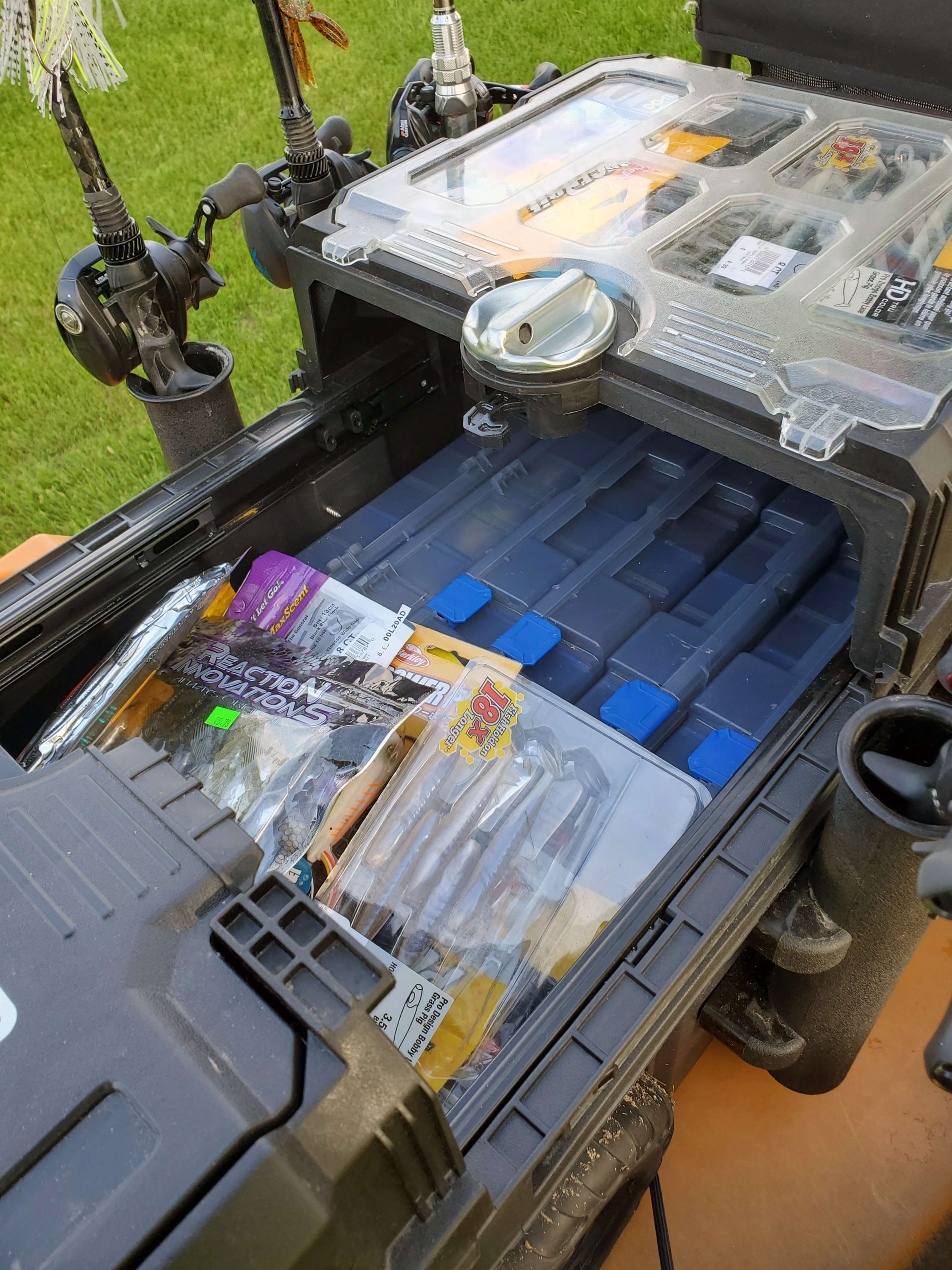 Tackle organization is essential. That is why Cole runs a customized Hart toolbox on his kayak.