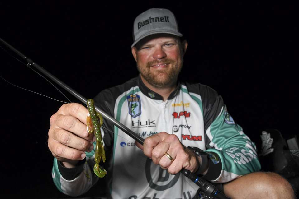 Jones also used a YUM Christie Critter, rigged on a 4/0 Owner Jungle Hook, with a 1/2-ounce Pro Tungsten Weight. 
