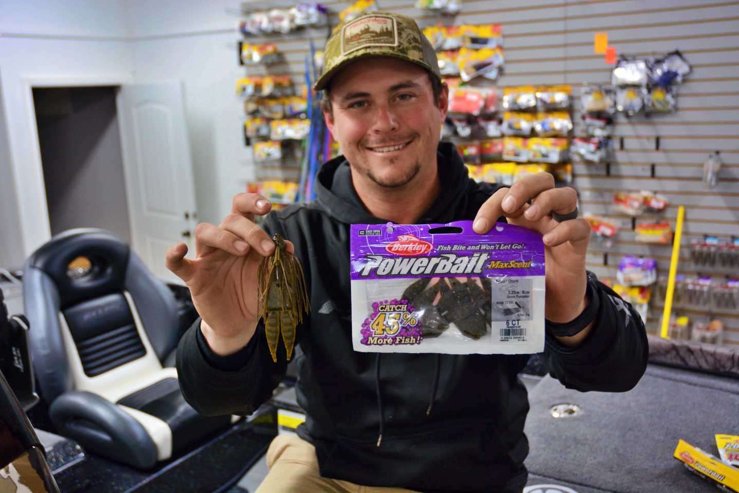The final bait going into the box is a jig. âI like to have a jig in my tacklebox for any heavy cover I encounter,â said. âWhatâs more, itâs a proven catcher for big bass.â 