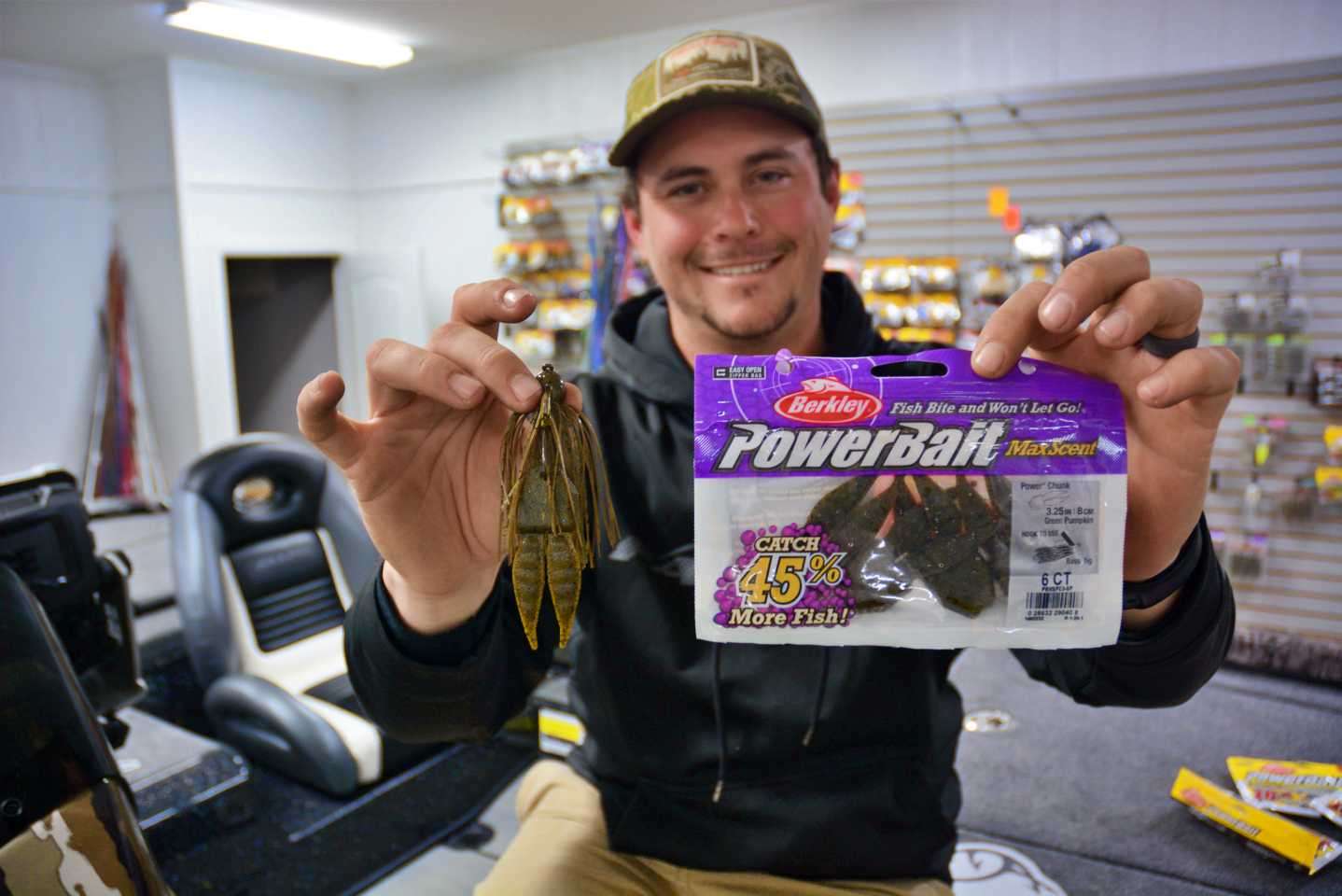 Atkins chooses a 5/8-ounce green/pumpkin model, rigged with a matching Berkley PowerBait MaxScent Power Chunk. 
