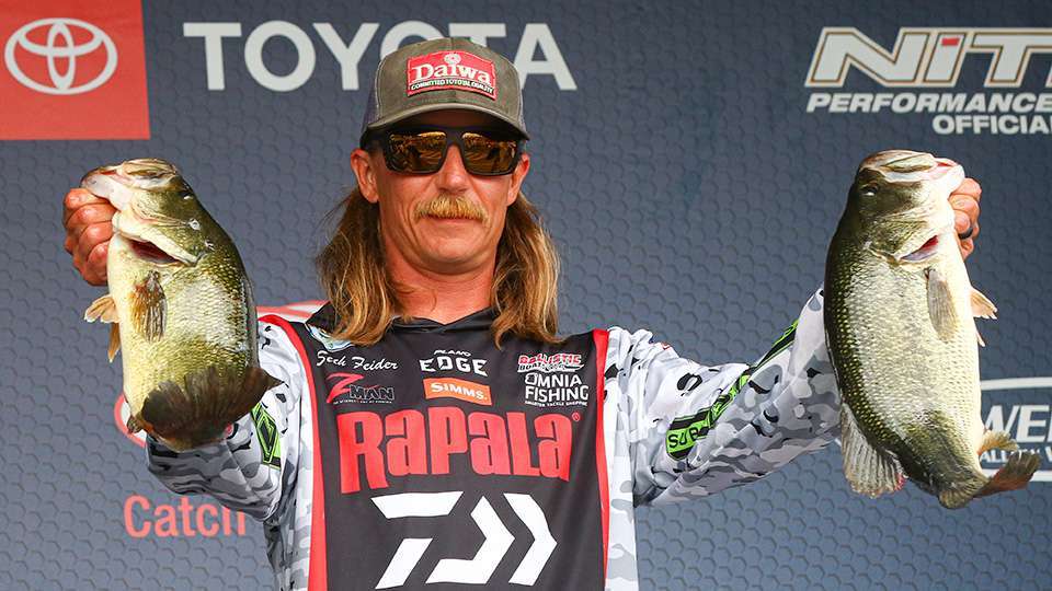 Seth Feider, 10th after Day 1, looked to gain ground in the Bassmaster Angler of the Year race. The AOY leader since the fourth event of the year at the Sabine River, Feider landed a 5-11 in his bag of 19-7 to stand fifth. Feider had the big bass last year at Champlain, a 6-6.