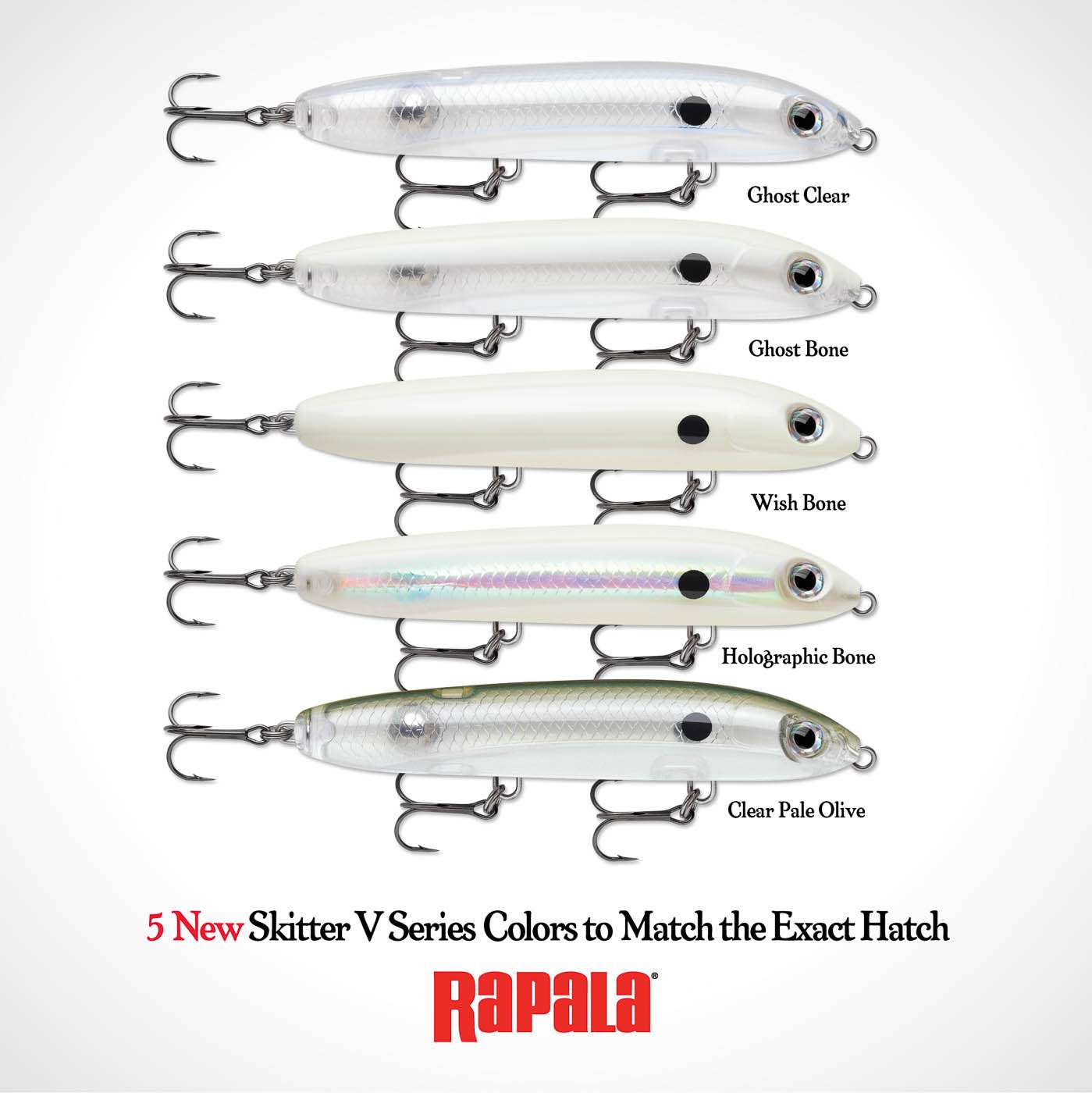 <p><strong>Rapala Skitter V</strong></p><p>The Skitter V features an exclusive design that radically alters the action of the lure. The V-hull body design, combined with tail weighted balance, allows the lure to cut quick with the snap of the rod, ending with a soft, long glide on slack line. Now featuring 5 new colors: Clear Pale Olive, Ghost Clear, Wish Bone, Ghost Bone and Holographic Bone. $11.29.  <a href=