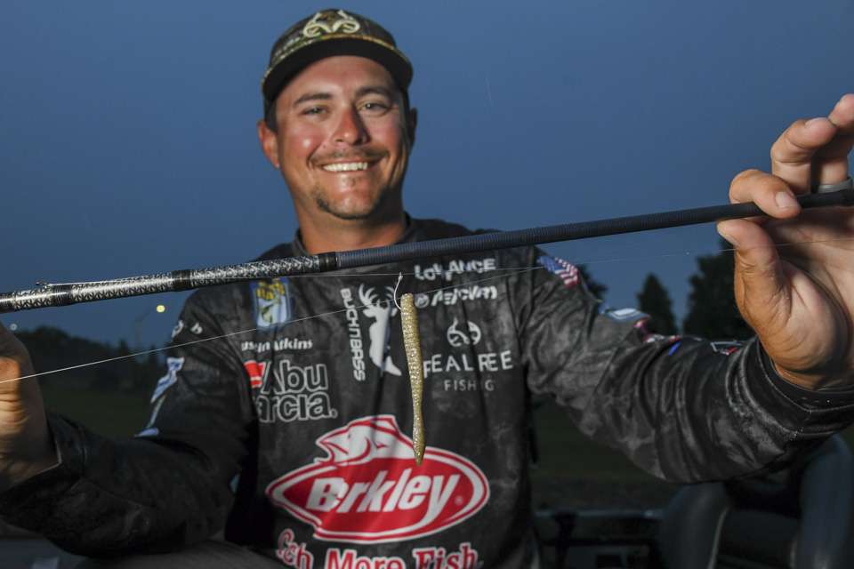 Atkins used the Berkley PowerBait MaxScent Flat Worm, Natural Shad, or Black, for sunny or cloudy conditions. He rigged it on a No. 1 Berkley Fusion Drop Shot Hook, with a 3/8-ounce tungsten weight.

