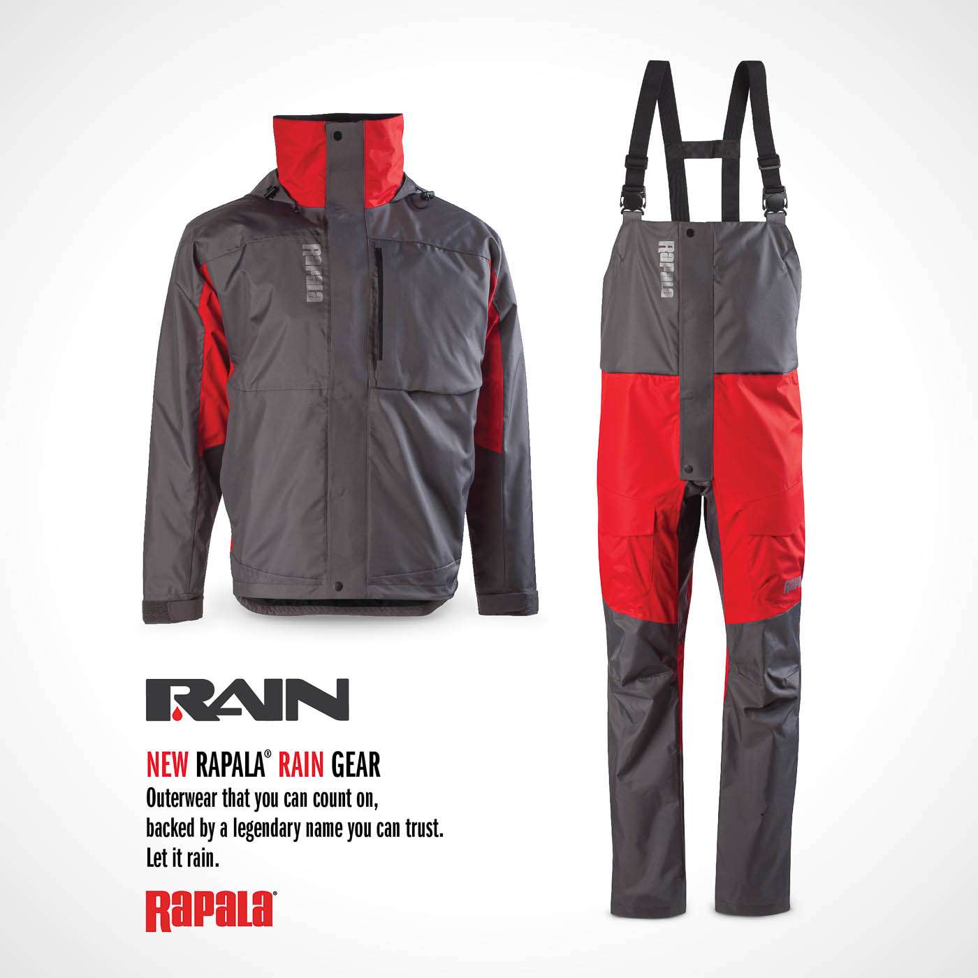 <p><strong>Rapala Rain Series</strong></p><p>The Rapala Rain Jacket and Bib Series combine advanced technology performance with upgraded waterproof and breathable components for more extreme conditions. Suit features mid-weight two-layer construction, with a 100 percent polyester Oxford/Polyester Honey Taslan/Polyester mesh lining. Fully taped sealed seams, premium YKK zippers, and reflective Rapala logos are other features. So are adjustable drawstrings, two-way hood, waist, outer chest zip pocket, hand warming pockets and interior pockets. $149.99. <a href=