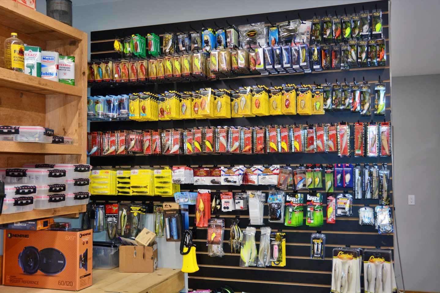 On this wall hangs a mx of new and old, including a highly prized lineup of Lucky Craft BDS crankbaits, and a selection of prized and rare Xcalibur baits. âThose are all gold to me, so I keep them hanging high so everyone canât get to them so easily,â he said with a laugh. âI just like throwing baits that are in rare supply.â 