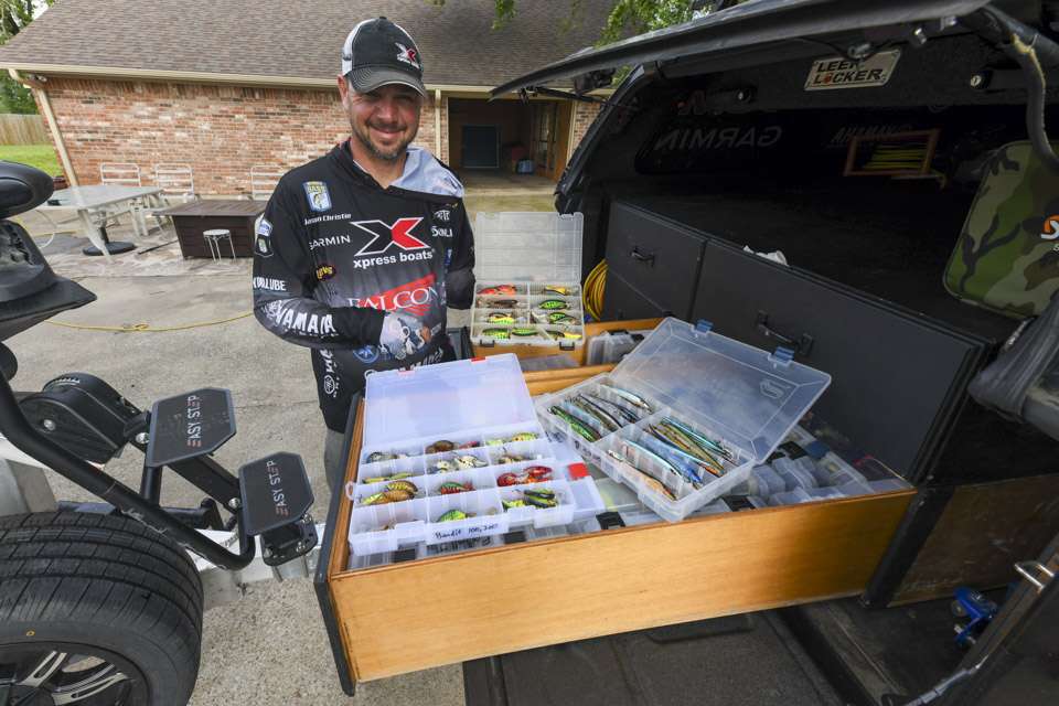 The Xpress X21 Pro has cavernous storage compartments, and Christie carries everything else he needs inside these custom-made storage slide-outs for tackle. Occupying the space are baits from YUM, BOOYAH, Smithwick, Bomber and Norman. 