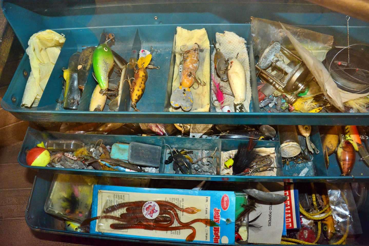 The contents are priceless, with the tacklebox loaded as it would be for a day of fishing. Nothing was added for looks. All the baits were actually used by his grandfather. 