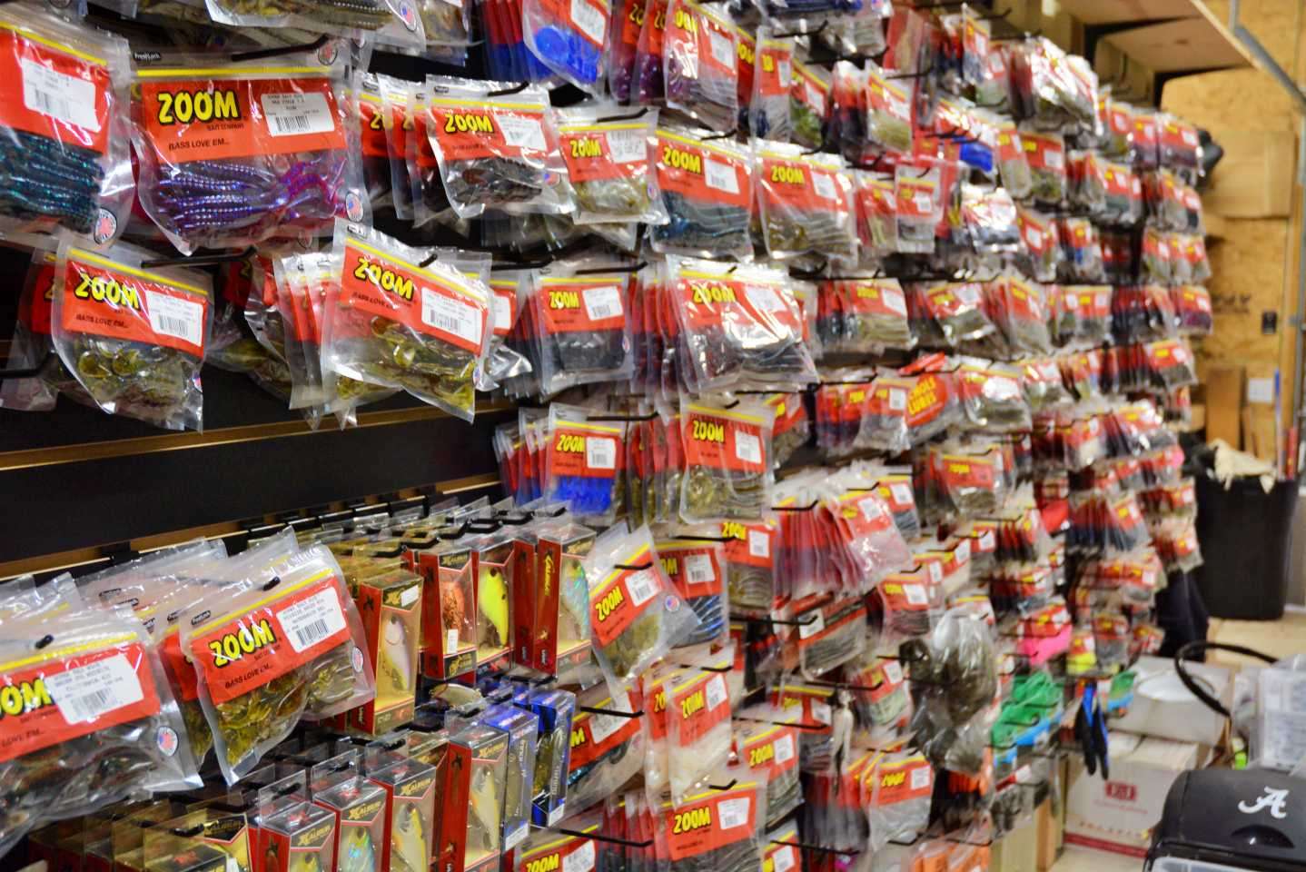 The wall is filled with Zoom Baits of every size, type and color. 