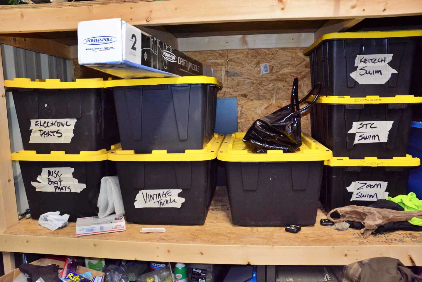Tucked away in a corner are these special purpose boxes, including a container for Scottsboro Tackle Co. baits. And with that, the tour ends, and Gross returns to preparing for the season. 