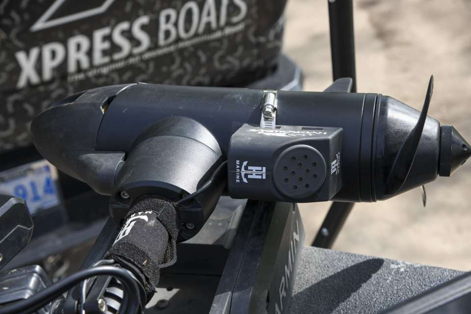 Mounted on top of the Garmin Force motor is the transducer and speaker for the Hydrowave KVD unit by T-H Marine. 